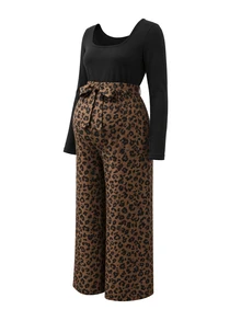 SHEIN جمبسوت كاجوال يومي للحوامل بطبعة نمر وتصميم باتشوورك - الأسود - مشاهدة 6