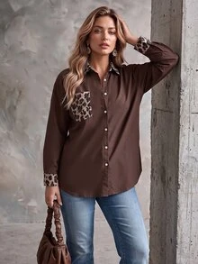 Ceyna Vintage 80s Leopard Print Patchwork Brown Spotty Vertical Striped Collared Long Sleeve Shirt For Women Color Block Pocket Cuffs Loose Casual Top Fall - Multicolor - View 6