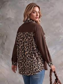Ceyna Vintage 80s Leopard Print Patchwork Brown Spotty Vertical Striped Collared Long Sleeve Shirt For Women Color Block Pocket Cuffs Loose Casual Top Fall - Multicolor - View 1