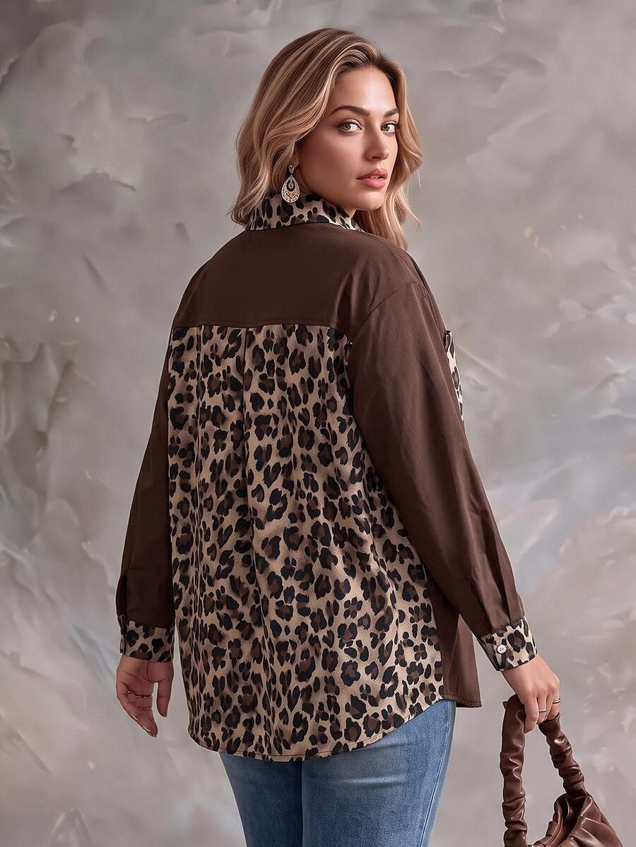 Ceyna Vintage 80s Leopard Print Patchwork Brown Spotty Vertical Striped Collared Long Sleeve Shirt For Women Color Block Pocket Cuffs Loose Casual Top Fall - Multicolor - View 1