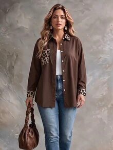 Ceyna Vintage 80s Leopard Print Patchwork Brown Spotty Vertical Striped Collared Long Sleeve Shirt For Women Color Block Pocket Cuffs Loose Casual Top Fall - Multicolor - View 5