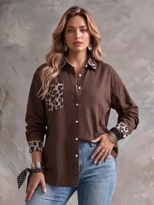 Ceyna Vintage 80s Leopard Print Patchwork Brown Spotty Vertical Striped Collared Long Sleeve Shirt For Women Color Block Pocket Cuffs Loose Casual Top Fall - Multicolor - View 4