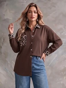 Ceyna Vintage 80s Leopard Print Patchwork Brown Spotty Vertical Striped Collared Long Sleeve Shirt For Women Color Block Pocket Cuffs Loose Casual Top Fall - Multicolor - View 3