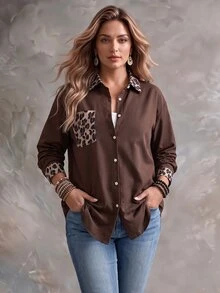 Ceyna Vintage 80s Leopard Print Patchwork Brown Spotty Vertical Striped Collared Long Sleeve Shirt For Women Color Block Pocket Cuffs Loose Casual Top Fall - Multicolor - View 2
