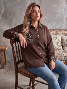 Ceyna Vintage 80s Leopard Print Patchwork Brown Spotty Vertical Striped Collared Long Sleeve Shirt For Women Color Block Pocket Cuffs Loose Casual Top Fall - Multicolor - View 7