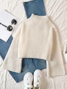 SHEIN Explorewe Tween Girls Cream White Knitted Pullover Sweater,Semi-High Neck Wide-Ribbed Loose Fit Crop Top With Bell Sleeves,Casual Autumn School Preppy Clothes - Apricot - View 3