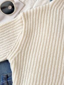 SHEIN Explorewe Tween Girls Cream White Knitted Pullover Sweater,Semi-High Neck Wide-Ribbed Loose Fit Crop Top With Bell Sleeves,Casual Autumn School Preppy Clothes - Apricot - View 7