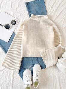 SHEIN Explorewe Tween Girls Cream White Knitted Pullover Sweater,Semi-High Neck Wide-Ribbed Loose Fit Crop Top With Bell Sleeves,Casual Autumn School Preppy Clothes - Apricot - View 4