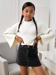 SHEIN Explorewe Tween Girls Cream White Knitted Pullover Sweater,Semi-High Neck Wide-Ribbed Loose Fit Crop Top With Bell Sleeves,Casual Autumn School Preppy Clothes - Apricot - View 5