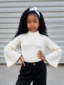SHEIN Explorewe Tween Girls Cream White Knitted Pullover Sweater,Semi-High Neck Wide-Ribbed Loose Fit Crop Top With Bell Sleeves,Casual Autumn School Preppy Clothes - Apricot - View 2