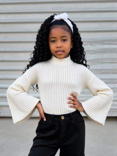 SHEIN Explorewe Tween Girls Cream White Knitted Pullover Sweater,Semi-High Neck Wide-Ribbed Loose Fit Crop Top With Bell Sleeves,Casual Autumn School Preppy Clothes