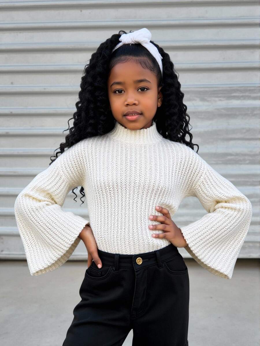 SHEIN Explorewe Tween Girls Cream White Knitted Pullover Sweater,Semi-High Neck Wide-Ribbed Loose Fit Crop Top With Bell Sleeves,Casual Autumn School Preppy Clothes