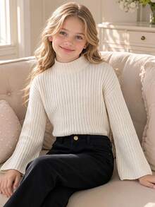 SHEIN Explorewe Tween Girls Cream White Knitted Pullover Sweater,Semi-High Neck Wide-Ribbed Loose Fit Crop Top With Bell Sleeves,Casual Autumn School Preppy Clothes - Apricot - View 9