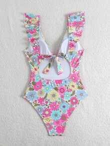 SHEIN Swim Baju Renang Terusan Wanita Motif Bunga Kecil dengan Rumbai dan Tali Pengikat, Baju Renang Terusan untuk Liburan Pantai Musim Panas - MultiWarna - View 8