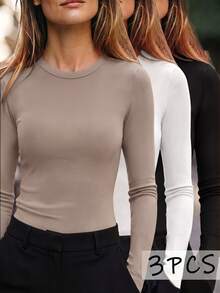 INAWLY 3pcs/Set Plus Size Women Casual Solid Color Long Sleeve T-Shirts Fall Cloth For Women - Multicolor - View 1