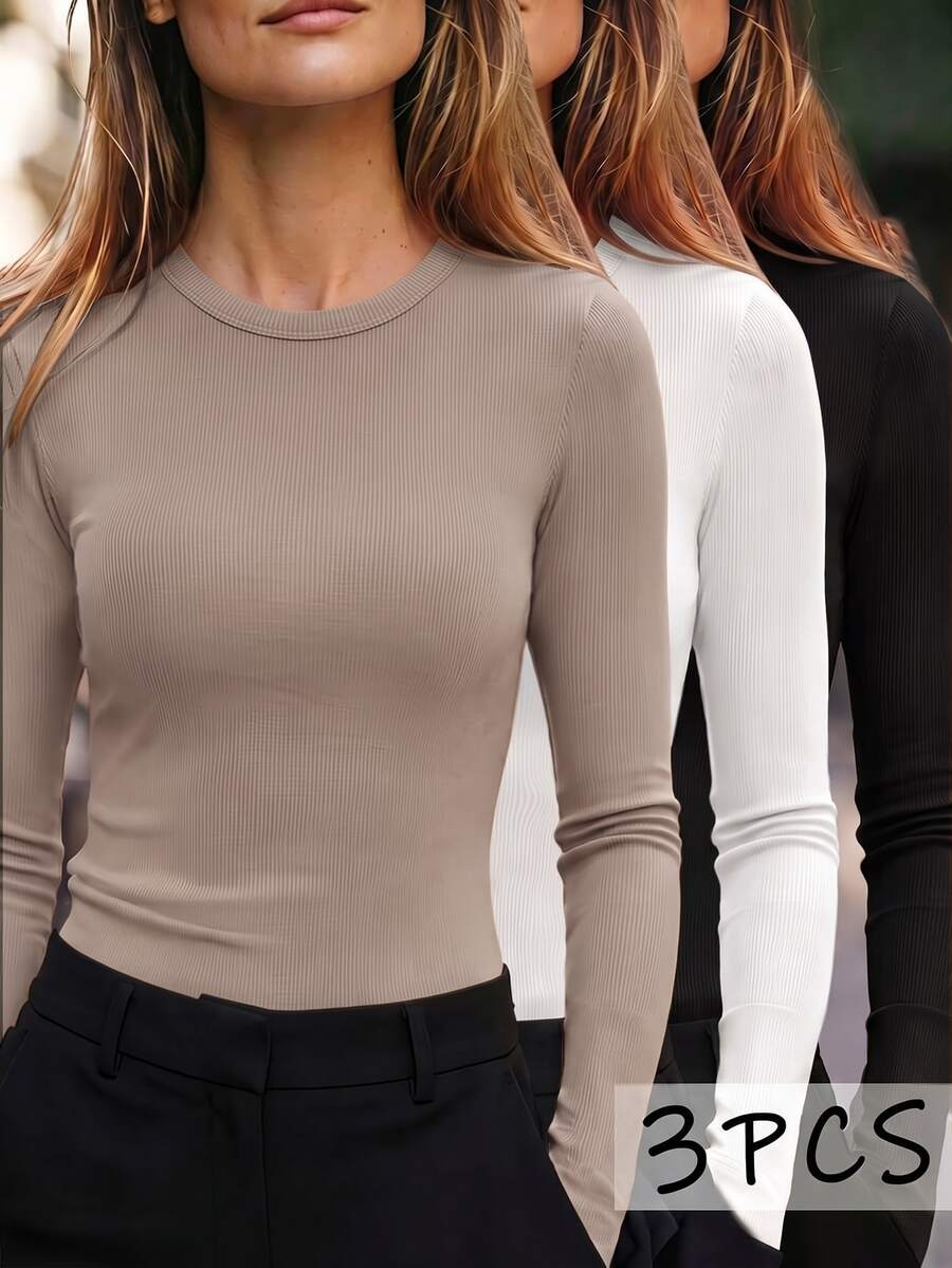 INAWLY 3pcs/Set Plus Size Women Casual Solid Color Long Sleeve T-Shirts Fall Cloth For Women - Multicolor - View 1