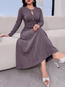 Feyla 女款純色長袖鈕扣設計優雅針織洋裝 - 紫丁香色 - 查看 3