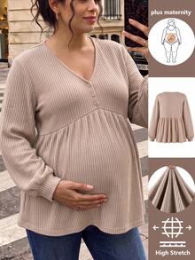 SHEIN Plus Size Maternity Casual Minimalist Long Sleeve V-Neck Front Button Decor Bust Design A-Line Hem Khaki Knit Ribbed T-Shirt - Khaki - View 9