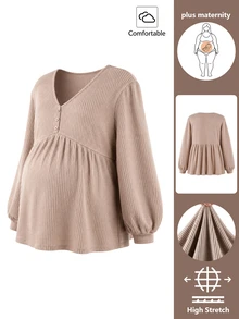 SHEIN Plus Size Maternity Casual Minimalist Long Sleeve V-Neck Front Button Decor Bust Design A-Line Hem Khaki Knit Ribbed T-Shirt - Khaki - View 1