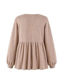 SHEIN Plus Size Maternity Casual Minimalist Long Sleeve V-Neck Front Button Decor Bust Design A-Line Hem Khaki Knit Ribbed T-Shirt - Khaki - View 2