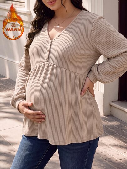 SHEIN T-shirt en tricot côtelé kaki grande taille maternité, décontracté minimaliste, manches longues, col en V, décoration de boutons devant, design de buste, ourlet trapèze