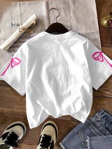 【印花設計】Tween女孩休閒可愛亮面紋理卡通小貓印花，粉色蝴蝶結裝飾寬鬆大尺寸T恤，適合夏季 - 彩色 - 查看 3