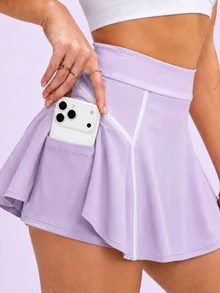 Pariaura Women's Spring/Summer Sports Skirt, Floral White A-Line With Front Color-Block Stripe Design, Mid-Waist With Built-In Shorts And Pockets, Athletic Gym - Purple - View 1