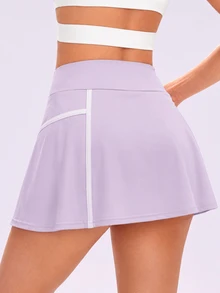 Pariaura Women's Spring/Summer Sports Skirt, Floral White A-Line With Front Color-Block Stripe Design, Mid-Waist With Built-In Shorts And Pockets, Athletic Gym - Purple - View 2