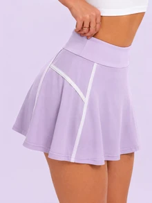 Pariaura Women's Spring/Summer Sports Skirt, Floral White A-Line With Front Color-Block Stripe Design, Mid-Waist With Built-In Shorts And Pockets, Athletic Gym - Purple - View 5