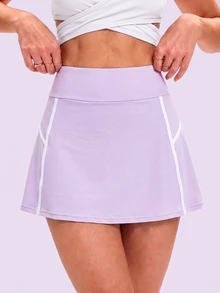 Pariaura Women's Spring/Summer Sports Skirt, Floral White A-Line With Front Color-Block Stripe Design, Mid-Waist With Built-In Shorts And Pockets, Athletic Gym - Purple - View 7