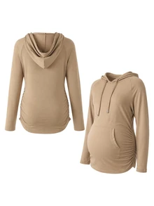 SHEIN Maternity Sweatshirt, Maternity Casual Loose Fit Hooded Sweatshirt With Pockets, Comfortable To Wear - Autumn/Winter Style - Brown - View 5