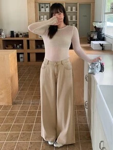 Dazy Plus Women's Vintage Washed Distressed High Waist Slimming Loose Casual Straight Leg Floor Length Denim Jeans - Apricot - View 4