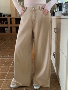 Dazy Plus Women's Vintage Washed Distressed High Waist Slimming Loose Casual Straight Leg Floor Length Denim Jeans - Apricot - View 5