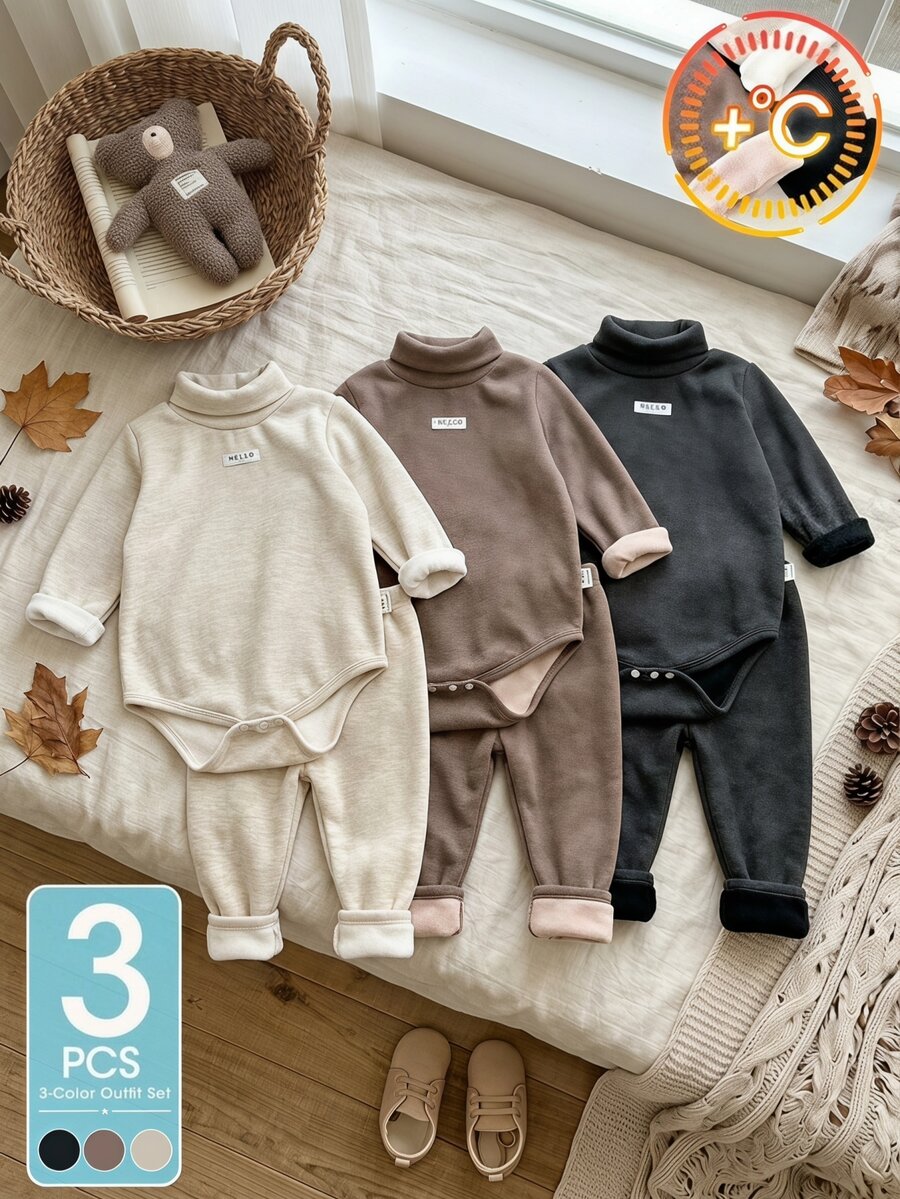 SHEIN Playful Pals 3件組男嬰連身衣可愛米色棕色黑色純色毛絨拼接長袖高領加厚戶外秋季保暖毛衣舒適按扣開襟 - 棕色 - 查看 1