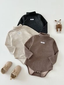 SHEIN Playful Pals 3件組男嬰連身衣可愛米色棕色黑色純色毛絨拼接長袖高領加厚戶外秋季保暖毛衣舒適按扣開襟 - 棕色 - 查看 6