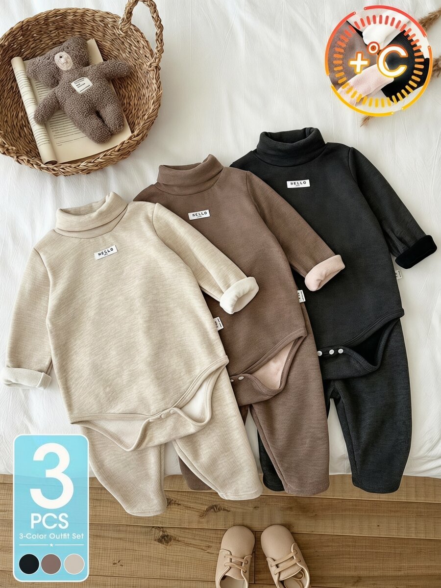SHEIN 3件組男嬰連身褲套裝 可愛米色棕色黑色毛絨拼接長袖高領加厚 生日秋冬節日聖誕按扣開合 - 棕色 - 查看 1