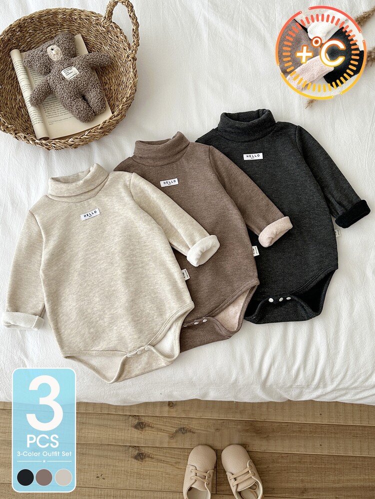 SHEIN Playful Pals 3 Pcs Baby Boys Romper Bodysuit Cute Beige Brown Black Solid Plush Patch Long Sleeve Turtleneck Thick Outdoor Fall Fall Sweaters Cozy Snap Closure - Brown - View 4