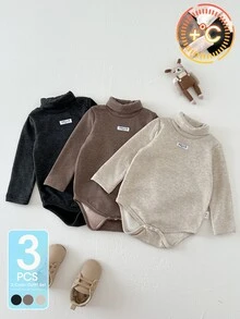 SHEIN Playful Pals 3件組男嬰連身衣可愛米色棕色黑色純色毛絨拼接長袖高領加厚戶外秋季保暖毛衣舒適按扣開襟 - 棕色 - 查看 7