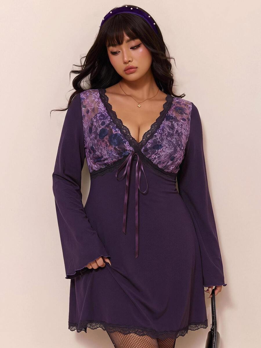 CovetEZ Autumn Dark Purple Floral Mesh Print Flare Sleeve V-Neck Halloween Casual Goth Sexy Plus Size A-Line Dress Club Going Out Party - Mauve Purple - View 1