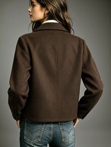SHEIN Vintage Dark Brown Multi-Pocket Wool Cropped Jacket Women Lapel Collar Metal Buttons Loose Workwear Commuter Coat - Coffee Brown - View 2