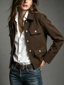 SHEIN Vintage Dark Brown Multi-Pocket Wool Cropped Jacket Women Lapel Collar Metal Buttons Loose Workwear Commuter Coat - Coffee Brown - View 4