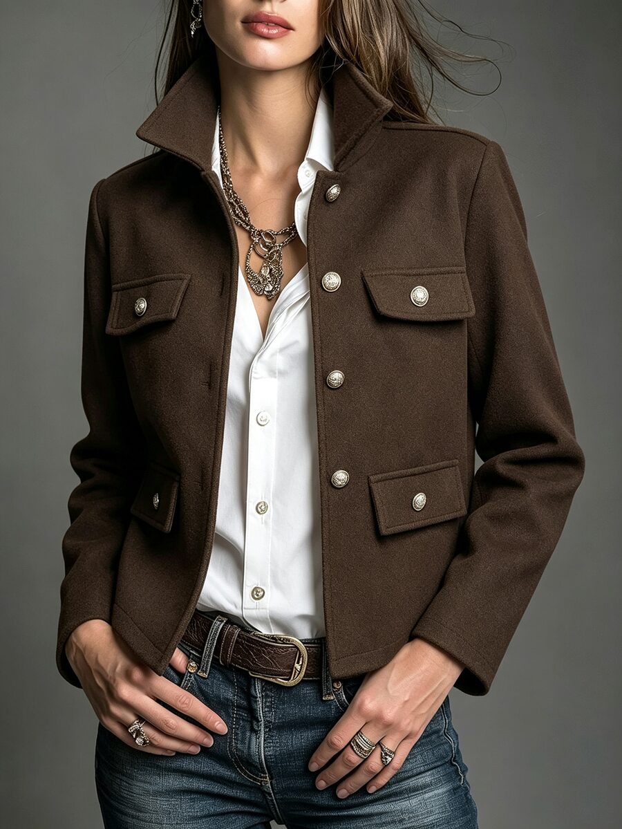 SHEIN Vintage Dark Brown Multi-Pocket Wool Cropped Jacket Women Lapel Collar Metal Buttons Loose Workwear Commuter Coat - Coffee Brown - View 1