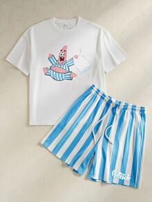 SpongeBob SquarePants | SHEIN 男士卡通印花上衣與條紋短褲居家休閒套裝 - 藍色 - 查看 1