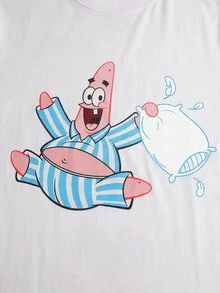 SpongeBob SquarePants | SHEIN 男士卡通印花上衣與條紋短褲居家休閒套裝 - 藍色 - 查看 7
