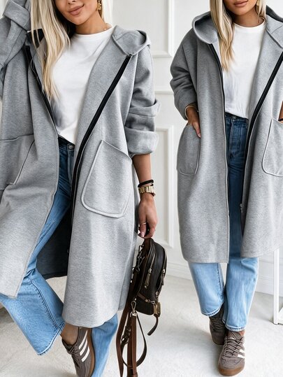 Weeklong Autumn/Winter Plus Size Women's Grass Green Hooded Mid-Length Coat With Zipper Pockets Loose Casual Travel Commute Versatile Sweatshirt Jacket