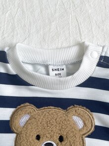 SHEIN Playful Pals 2件組新生兒男嬰衛衣慢跑褲套裝，可愛甜美海軍藍白色熊貼布條紋毛絨長袖圓領常規款，適合生日派對秋季 - 藏蓝色 - 查看 8