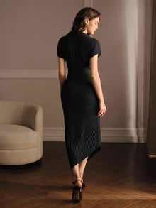 Anewsta Women's Elegant Semi-High Neck Knitted Long Dress, Slim Fit Solid Color, Versatile Commuter Holiday Dress, Spring/Autumn - Black - View 6