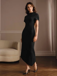 Anewsta Women's Elegant Semi-High Neck Knitted Long Dress, Slim Fit Solid Color, Versatile Commuter Holiday Dress, Spring/Autumn - Black - View 4