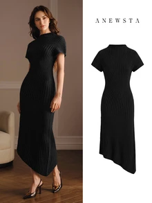 Anewsta Women's Elegant Semi-High Neck Knitted Long Dress, Slim Fit Solid Color, Versatile Commuter Holiday Dress, Spring/Autumn - Black - View 2