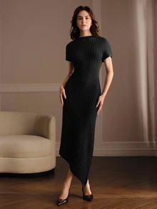 Anewsta Women's Elegant Semi-High Neck Knitted Long Dress, Slim Fit Solid Color, Versatile Commuter Holiday Dress, Spring/Autumn - Black - View 8